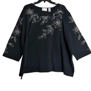 Alfred Dunner Woman Black 3X Embellished Floral 3/4 Sleeve Top Shirt